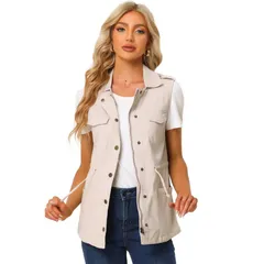 アレグラ ケー レディース アウター ジャケット・ブルゾン ドローコードウエスト ベスト ノースリーブ ALLEGRA K Womensleeveless Zip Up Drawstring Waist Cargo Vest Jacket Beige ベージュ