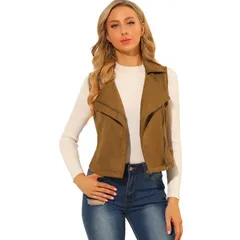 アレグラ ケー レディース アウター ジャケット・ブルゾン ベスト スエード ノースリーブ ALLEGRA K Womens Casual Faux Suede Sleevelesshort Biker Vest Jacket Camel キャメル