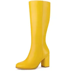 アレグラ ケー レディース シューズ ブーツ・レインブーツ ヒール ALLEGRA K Womens Round Toe Zip Block Heels Knee High Boots Yellow イエロー