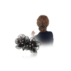 【新品】 [Nattyuperm] ヘアバレッタ 花 フラワー モチーフ オーガンジー ビジュー 大きめ ヘアアクセサリー ヘアピン ラメ リボン 髪留め 上品 華やか まとめ髪 結婚式 卒業式 入学式 パーティー お呼ばれ フォーマル レディース (ブラ 1