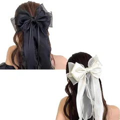 【新品】 バレッタ 髪飾り 髪留め お姫様 女の子 リボン付き ヘアアクセサリー 髪留め サテン ヘッドドレス コスプレ系 パーティー ウェディング (ブラック&ホワイト) 1