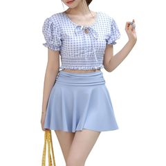 [Teddy] 여성 수영복 체형 커버 3 점 세트 퍼프 슬리브 깅엄 체크 플레어 스커트 hys3291 (JP, 알파벳, L, 체크 × 블루) 1