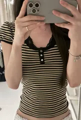 ギャル ボーダー柄 半袖 Tシャツ レース POINT