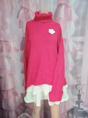 GU 柔らかい ホットピンク タートルネック アシンメトリーニット