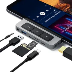 HyperDrive iPad Pro usb-c ハブ 6-in-1 Media Hub メディアボタン 拡張 4K HDMI出力 60W PD MicroSD SDカードリーダー イヤホン usb 接続 ショートカットキーボード コントロール ア ...
