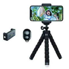スマホ三脚スマホスタンド三脚スマホくねくねスタンド360度回転雲台ワイヤレスリモコン&スマホクリップ付き自撮り三脚、柔軟、小型軽量調整固定撮影ワイヤレス持ち運び雲台(ブラック)