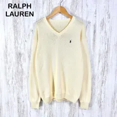 古着 90s RALPH LAUREN ラルフローレン ポニーロゴ刺繡 Vネック コットンニット ロングスリーブ セーター ミルクティーカラー レディース 長袖 トップス