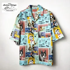 新品 Animal Village アニマルヴィレッジ 犬 プリント オープンカラーシャツ 開襟シャツ アロハシャツ フォトプリント かわいい いぬ イヌ 総柄 アニマルプリント ヴィンテージ風 レトロ ブルー サックス カラー犬 131911のサムネイル