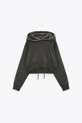 ZARA ザラ ベーシック クロップド フーデッド スウェットシャツ チャコール ダークグレー m フーディ