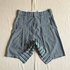 極希少　archive　CABANE de ZUCCa　カバンドズッカ　変形ショーツ　サルエル　ハーフパンツ　グリーンチェック柄×細ストライプ柄　股下異素材切り替え　M　日本製　Y2K　デザイナーズ　個性派　小野塚秋良　イッセイミヤケ　Plaid Shorts