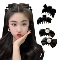 【新品】 Solaweave 女の子 クリップ かわいい プリンセス風 フロント＆サイドヘア ヘアクリップ 黒 バタフライリボン付き 上品｜卒業式 結婚式 発表会 デート 日常 ギフト ヘアアクセサリー (4個セット A/1リボン結び） 1