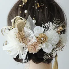 【新品】 和風髪飾り 成人式 前撮り ループリボン 卒業式 入学式 カスミ草 ダリア 網 金箔シート ドライフラワー 振袖 袴 ヘアアクセサリー おしゃれ 結婚式 白無垢 七五三 和装 和風 ヘアアレンジ 組紐 ロープ 造花 お正月 (ゴールド) [並行輸 1