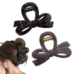 【新品】 Qiubaoll ヘアクリップ 2個入り しっかりとまる おしゃれ 大きめ リボンヘアクリップ 軽量ヘアアクセサリー 可愛い バンスクリップ 髪留め 痛くない 韓国風 エレガント 日常 お風呂 (ブラック&灰青) 1
