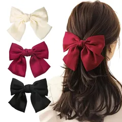 【新品】 Fesanla リボン バレッタ サテン 黒 赤 白 大きめ ヘアクリップ 3個セット 蝶結び ヘアアクセサリー 髪飾り 髪留め おしゃれ 大人 卒業式 結婚式 浴衣 (ブラック+レッド+ホワイト) 0