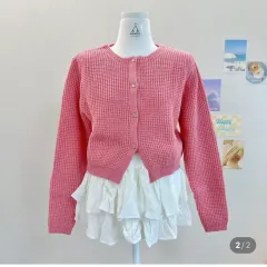 新品 ピンク ワッフル ニット カーディガン ハートボタン