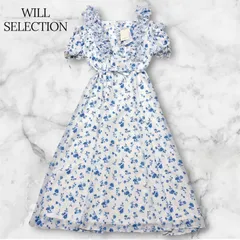 【新品タグ付き】 WILLSELECTION ウィルセレクション ジュイフラワーフリルワンピース 花柄 ロングワンピース ウォッシャブル 安心の裏地付き 白 青 FREE フリーサイズ 清楚で爽やかなブルー B1151