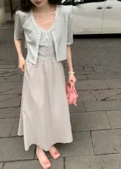 新品 ボレロカーディガン ノースリーブ シャカシャカ素材 ロング丈ワンピース 夏 セットアップ