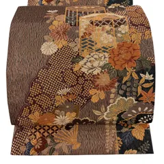 【美品】 袋帯 秀品 貝桶 草花 金糸 刺繍 茶色 六通 正絹 【中古】のサムネイル