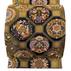 袋帯 秀品 天平繍綿紋 蜀江華文 向かい鳥 金糸 箔 金色 六通 正絹 【中古】