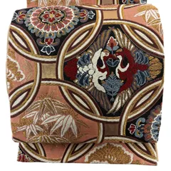 【美品】 袋帯 秀品 七宝繋ぎ 向かい鳥 金糸 箔 ピンク 六通 正絹 【中古】