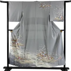 訪問着 身丈154cm 裄丈62.5cm S 袷 家屋 松竹梅 金糸 ぼかし 灰色 正絹 秀品 【中古】のサムネイル