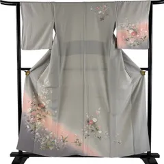 訪問着 身丈158cm 裄丈64cm M 袷 草花 菊 染め分け ぼかし 灰茶 正絹 秀品 【中古】のサムネイル