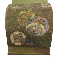 袋帯 秀品 関西仕立て 鳥 草花 箔 茶緑色 お太鼓柄 正絹 【中古】