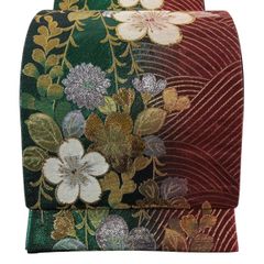 袋帯 振袖帯 御所車 菊花 梅花 扇 グリーンカラー 金糸 着物 053tz 