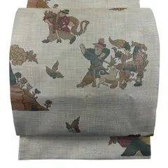 【美品】 袋帯 名品 木屋太 落款 紬地 人物 動物 ベージュ 六通 正絹 【中古】