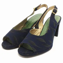 イヴサンローラン YVES SAINT LAURENT ストラップパンプス オープントゥ リーフ 総柄 6874 紺 ネイビー 35.5