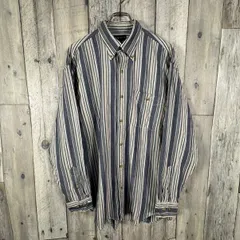 OLD UNIQLO 90s 紺タグ ユニクロ ネイビー × ホワイト 長袖 BD ボタンダウン ストライプ コットン シャツ メンズ L サイズ