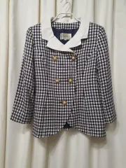 ネイビー CHECK GOLD 花 모양 パール ボタン ウール ジャケット