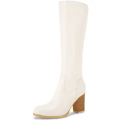 アレグラ ケー レディース シューズ ブーツ・レインブーツ ヒール ALLEGRA K Womens Round Toe Block Heeled Knee High Boots Cream クリーム