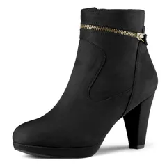 アレグラ ケー レディース シューズ ブーツ・レインブーツ アンクル ヒール ALLEGRA K Womenslip on Zip Round Toe Ankle Mid Heel Boots Black ブラック