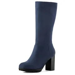 アレグラ ケー レディース シューズ ブーツ・レインブーツ ヒール ALLEGRA K Womens Mid Calf Block Heel Boots Navy Blue ネイビー