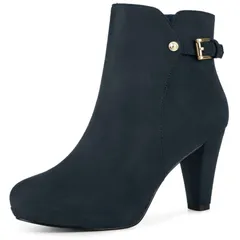 アレグラ ケー レディース シューズ ブーツ・レインブーツ プラットフォーム アンクル ヒール ALLEGRA K Womens Low Platform Side Zip Buckle Chunky Higheel Ankle Booties Navy Bl