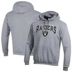 チャンピオン レディース トップス Tシャツ ロゴ パーカー Mens Champion Gray Las Vegas Raiders Powerblend Arch over Logo Hoodie Lvr Grey グレー