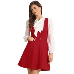 アレグラ ケー レディース トップス ワンピース A ライン オーバーオール ALLEGRA K Pinafore Dress for Womens ALine Double Breasted Overallsuspenders Red レッド