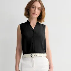 ナインウェスト レディース トップス シャツ フリル ノースリーブ ダウン ブラウス Womens Nine West Ruffle Collar Sleeveless ButtonDown Blouse Mineral Black ブラック