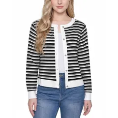 ニューヨークコレクション レディース アウター ニット・セーター リブ カーディガン NY Collection Long sleeve Ribbed Cardigan Black White Stripe ホワイト