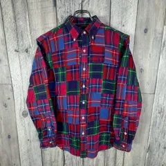 OLD Ralph Lauren 90s ラルフローレン マルチカラー パッチワーク ネイビー ポニー 刺繍 長袖 肉厚 厚地 BD ボタンダウン コットン チェック フランネル シャツ 160 サイズ