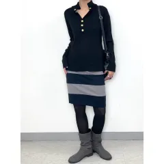 日本 ヴィンテージ ネイビー グレー ストライプ ミディ スカート