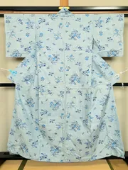 175B【アンティーク着物】小紋 袷 紬風？ 水色系 草花模様 普段着 リメイク素材にも