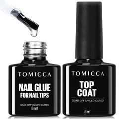 新品 TOMICCA ネイルチップ接着剤、トップコートキット、8ml ジェルネイル、多機能ネイルチップ接着剤 強化ジェル ノンワイプトップジェル 、長持ち 初心者とネイルのプロに適していますのサムネイル