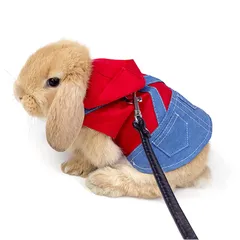 新品 Hitasi ウサギ 子猫 ハーネス リード セット 可愛い うさぎ服 デニム 格子 モルモット 子犬 小動物用 胸あて式 調整可能 着ぐるみ お散歩用リード お出かけ用品 迷子防止 牽引ロープ 矮小ウサギに最適 簡単着脱 記念撮影 仮装 ペット用品 Sのサムネイル