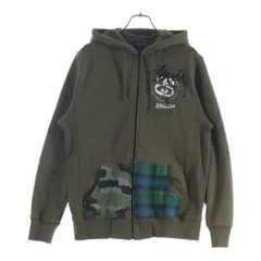 STUSSY (ステューシー) World Tour ストックロゴ 両面プリント 切替 ジップアップパーカー フーディー カーキ