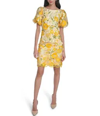 エリザジェイ レディース トップス ワンピース クルーネック フラワー柄 ミニ メッシュ フラワー Eliza J 3D Floral Mesh Crew Neck Short Puff Sleeve Sheath Mini Dress Lemon Multi
