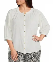 ウエストバウンド レディース トップス シャツ プラスサイズ Westbound Plusize Banded Collar 34 Sleeve Button Frontop Dark Cream クのサムネイル