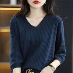☆ ネイビー ☆ 2XL ☆ 7分袖Tシャツ レディース Vネック レディース トップス きれいめ セーター ニット 7分袖 Vネック オフィス オフィスカジュアル カジュアル ビジネスカジュアル サマーセーター シンプル 無地 体型カバー ゆったり 大人
