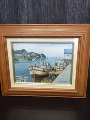 【KS-0177】油絵 港町 船 m.muraki 伊根？ 52×42cm